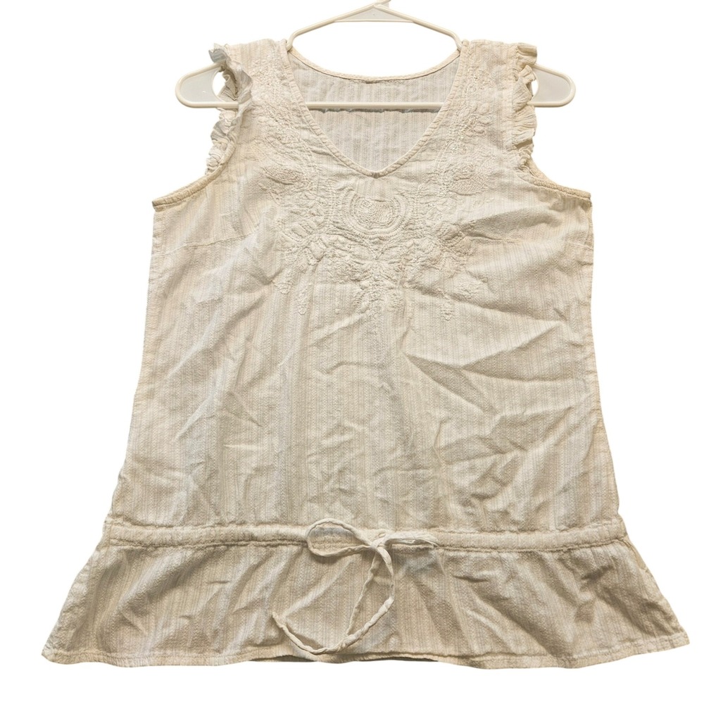 Boho Embroidered Sequin Sleeveless Peplum Top Cream V-Neck Ruffle Shoulder